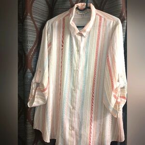 A woman's striped blouse size 2X made by tempted hearts. Roll up sleeves
